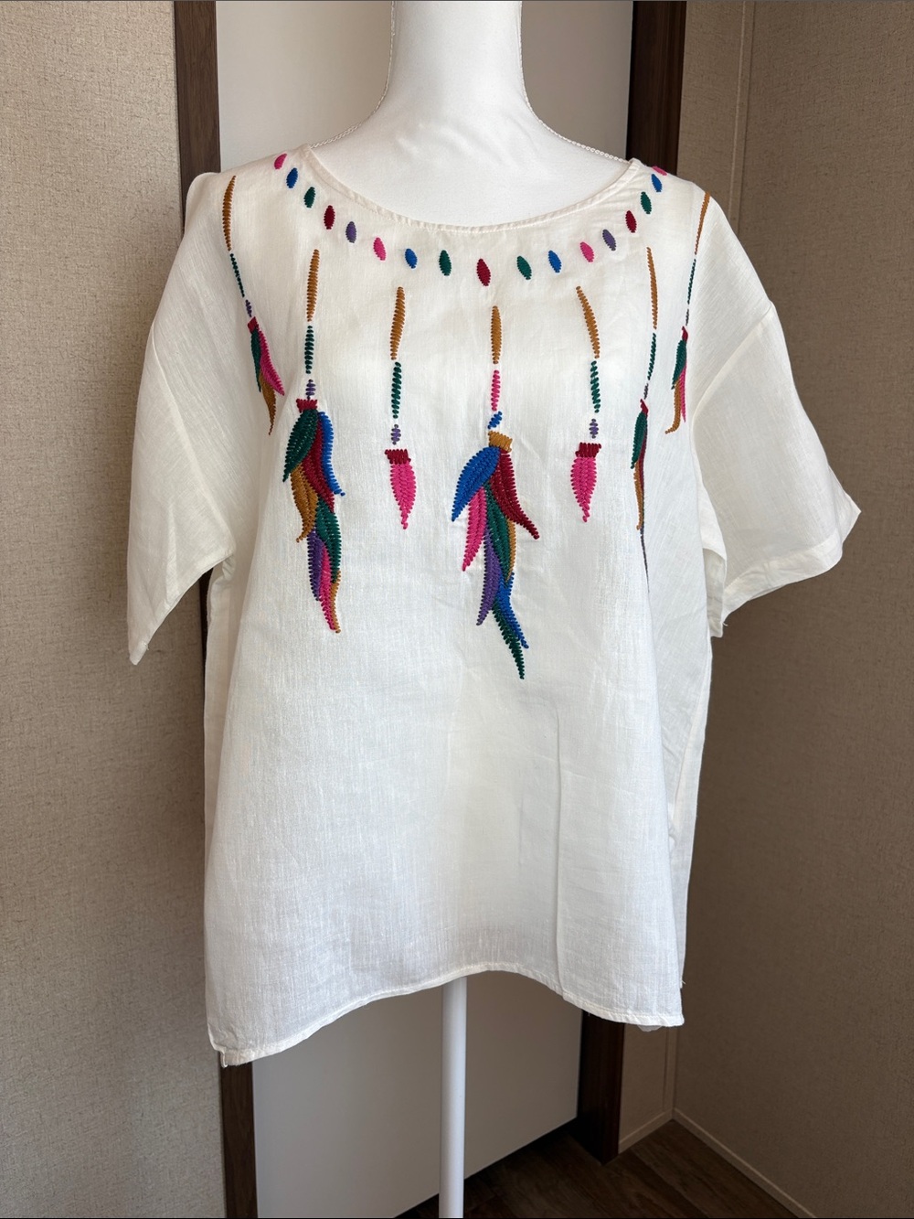 Embroidered Boho Top 100% Linen Colorful Floral Feather Cottagecore XL Artisan